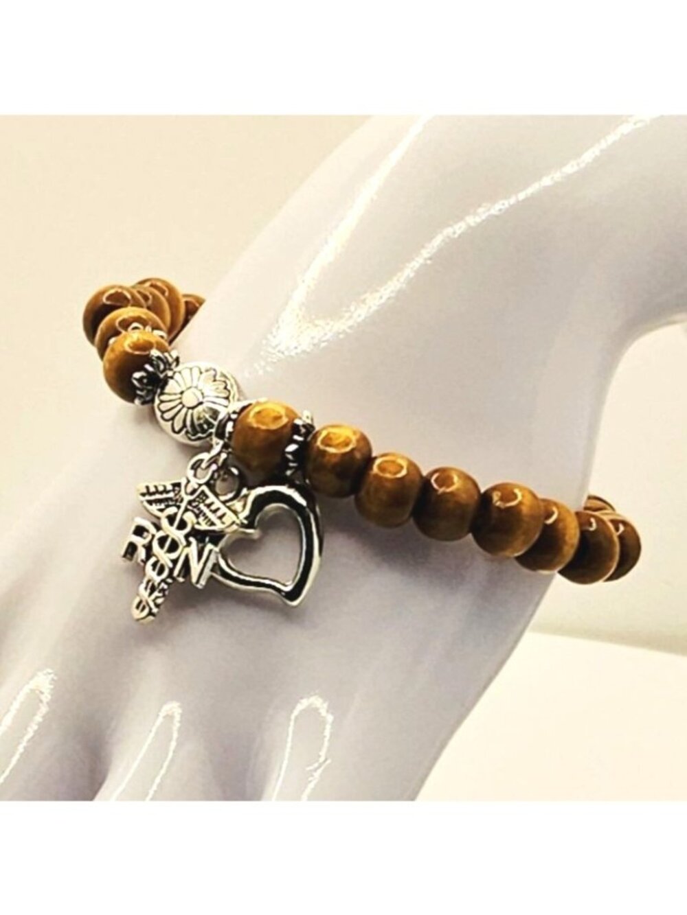 Nurse Charm Wood Bead Bracelet, RN Gift for Nurse, Medical Bracelet for Women